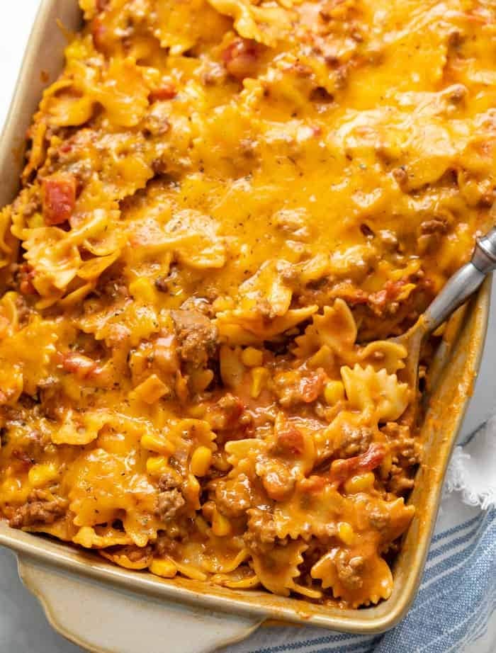 Cheesy sloppy joe casserole in pot. 