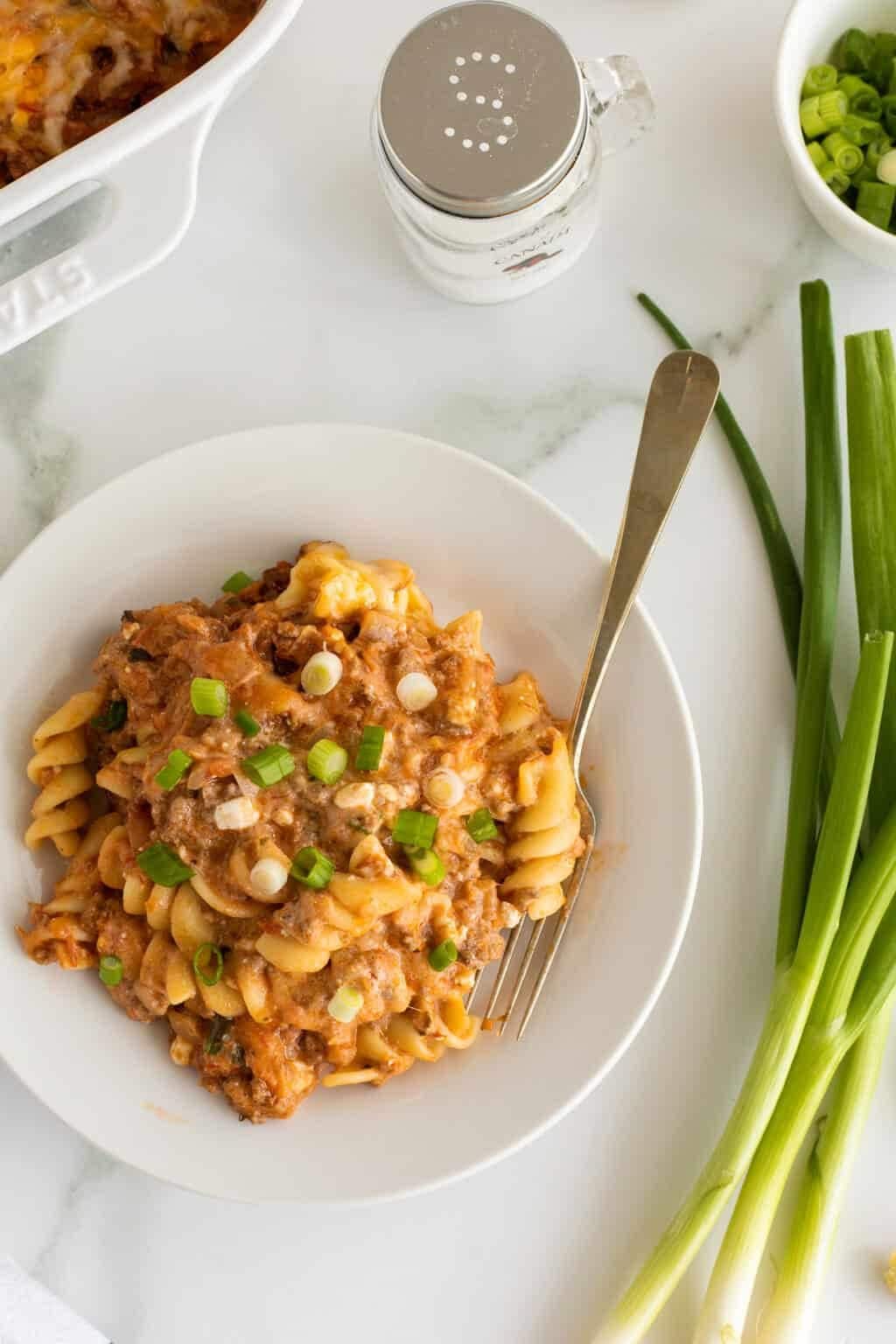 Serving of sour cream ground beef noodle casserole on a plate. 