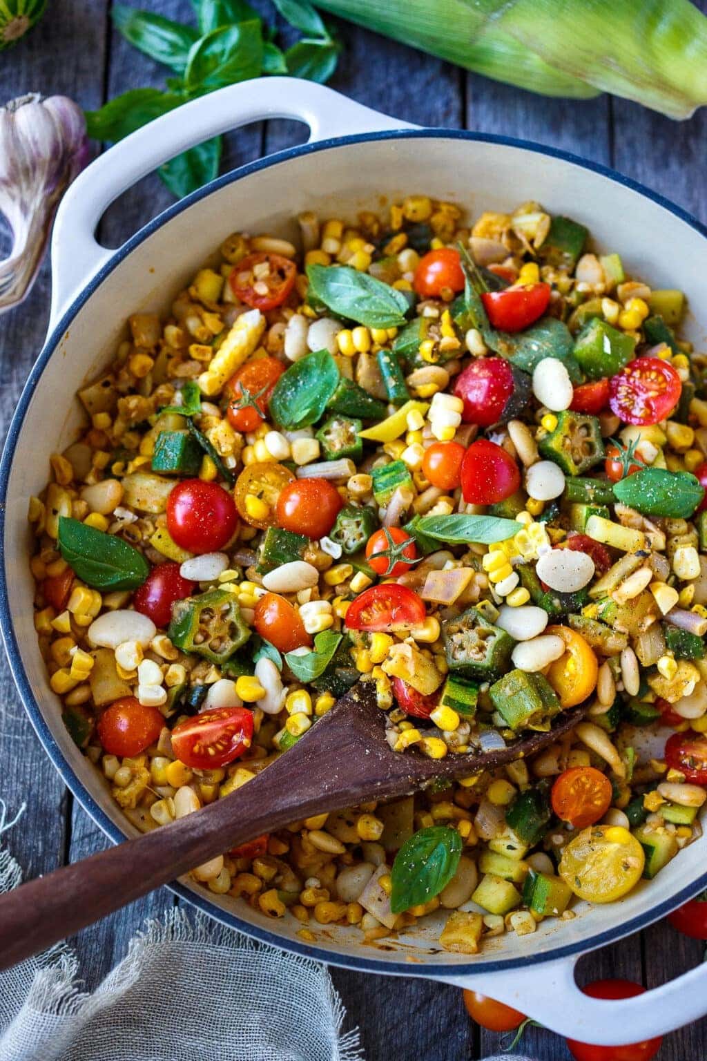 Succotash salad mixed a bowl. 