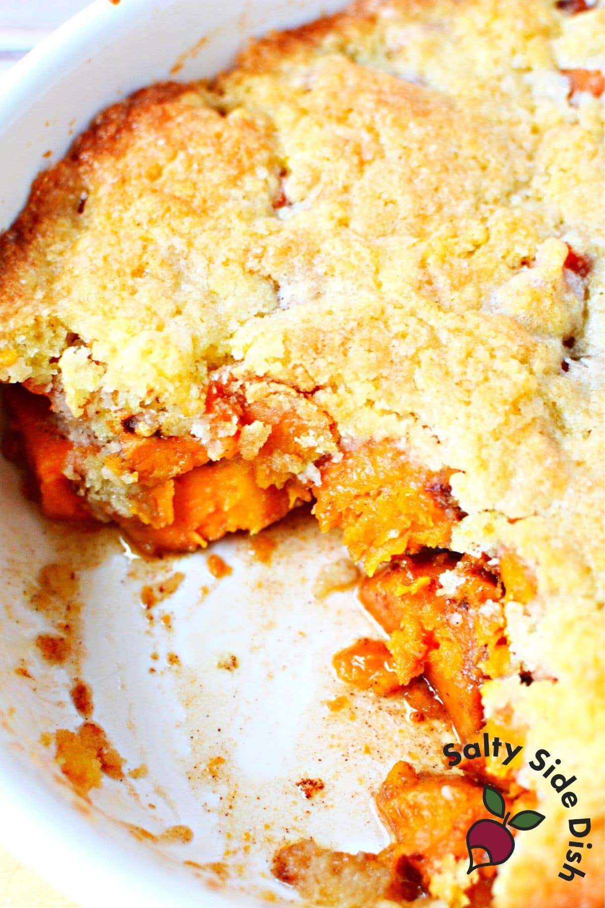 Sweet potato cobbler in a casserole dish. 