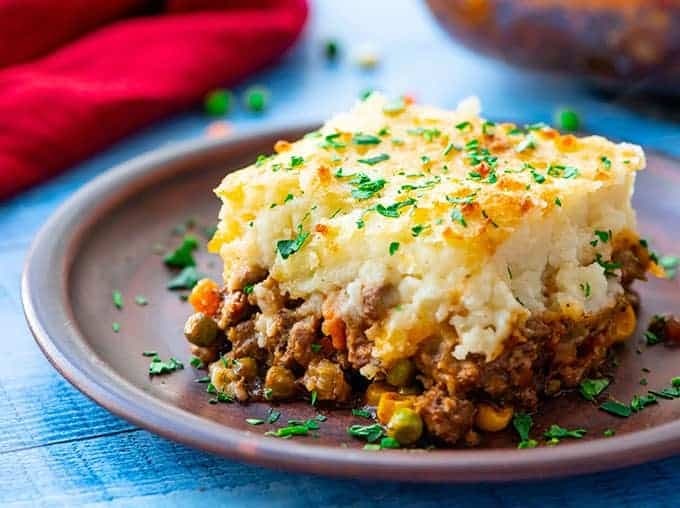 Slice of Shepherd's pie on plate.