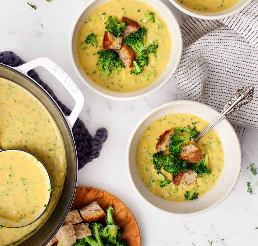 Homemade Vegan Broccoli Soup with croutons on topped