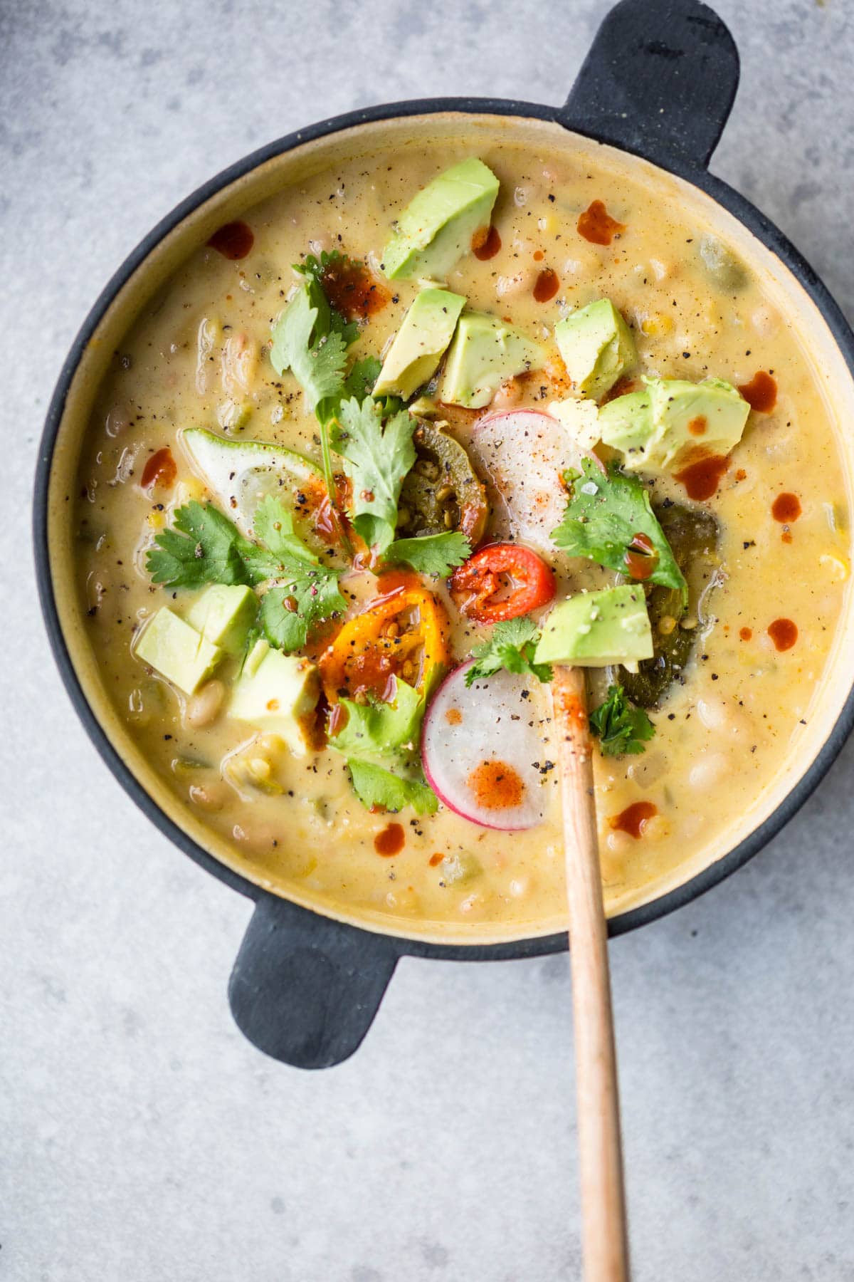 Creamy Vegetarian White Chili with Tomatoes, Avocado and Radish