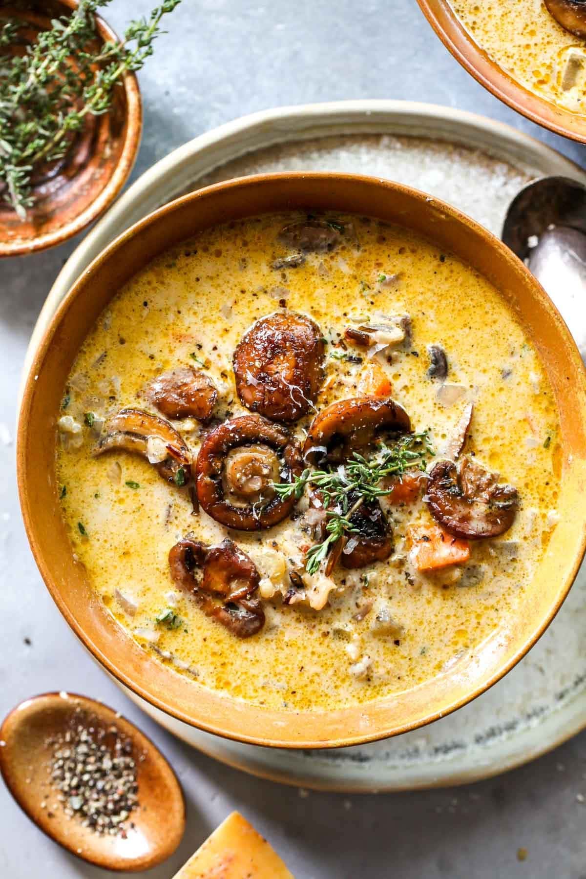 Wild rice and mushroom soup in a bowl. 