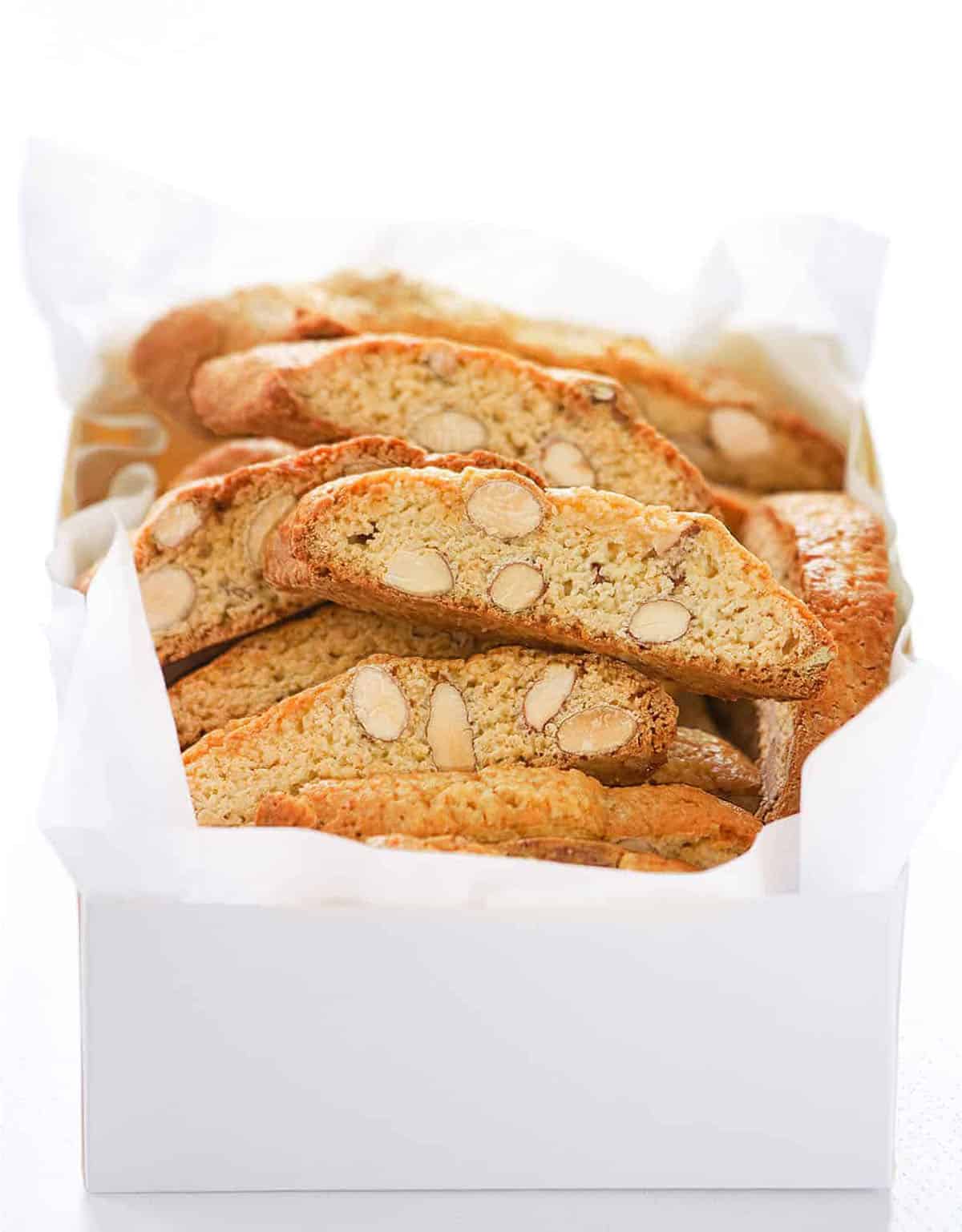 Almond biscotti in a white box