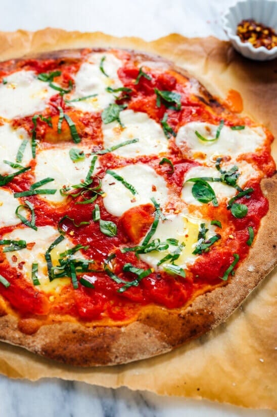 Homemade Margherita Pizza in Tomato Sauce and Mozzarella