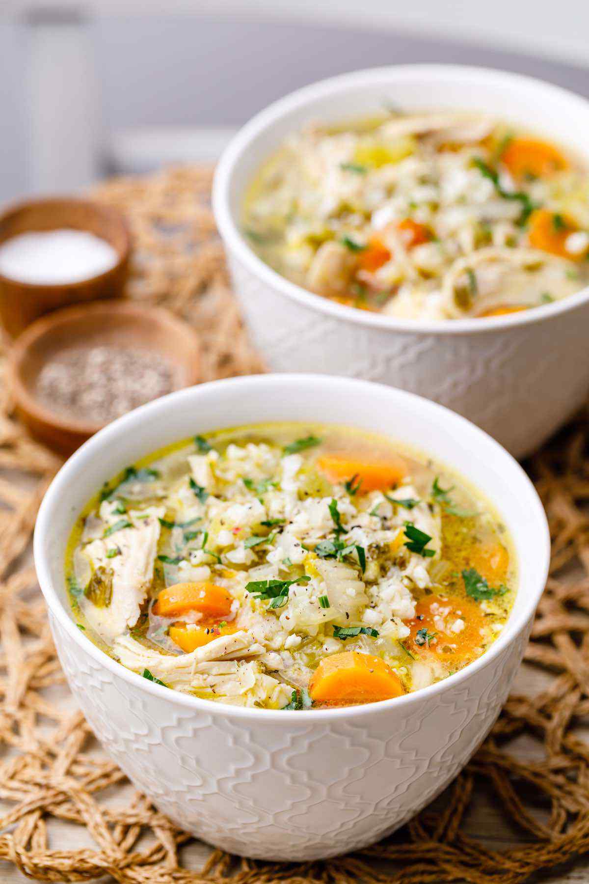 Instant Pot Chicken and Cauliflower Rice Soup with Carrots in a Bowl