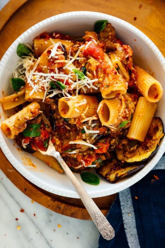 Bowl of Sicilian Pasta with Eggplant, Marinara and Fresh Basil