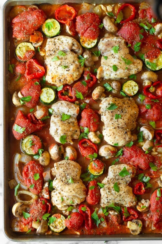 Chicken cacciatore in a sheet pan. 