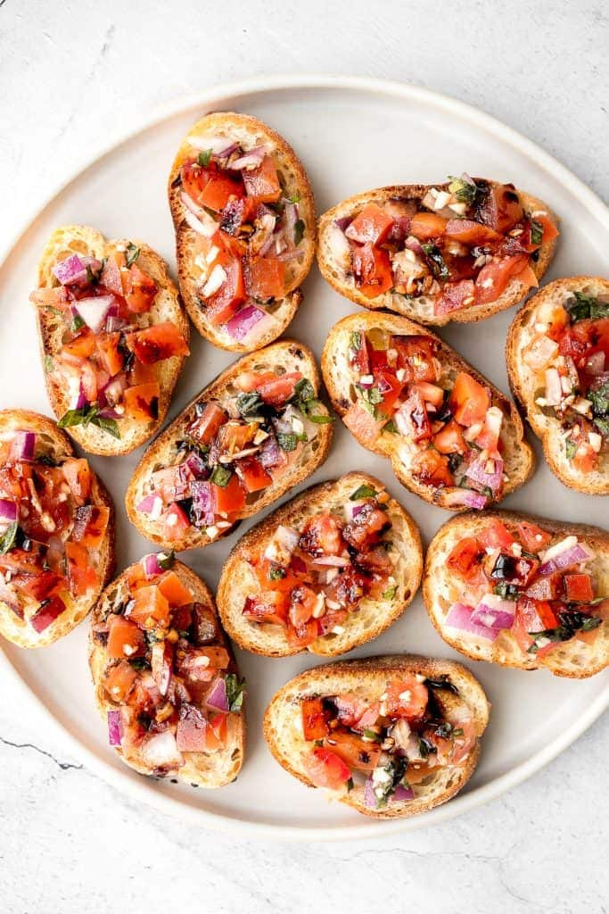 Homemade Tomato Bruschetta with Onions and Balsamic Glaze