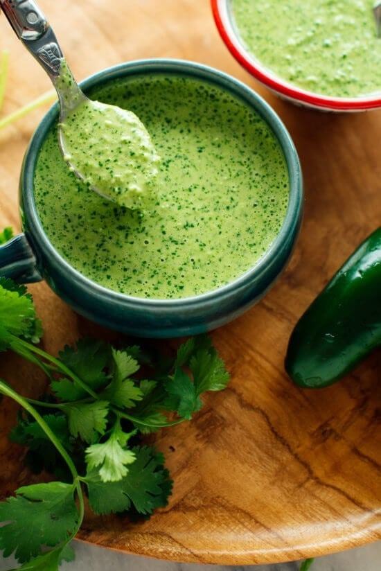 Aji Verde: creamy and spicy peruvian green sauce in a bowl