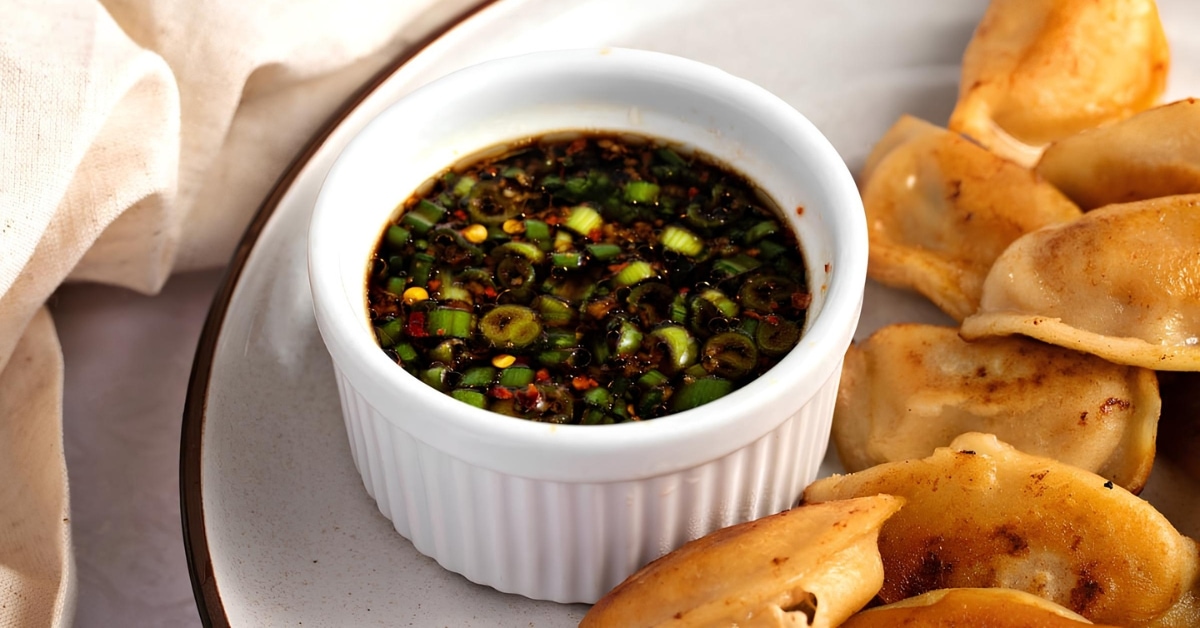 Appetizing Homemade Gyoza Sauce with Dumplings in a Plate