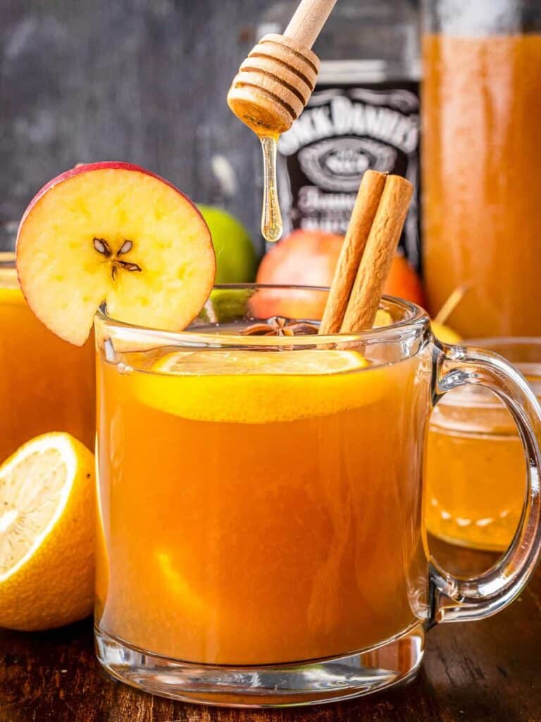 Homemade apple cider hot toddy with honey and cinnamon garnished with an apple slice, lemon wheel, and star anise