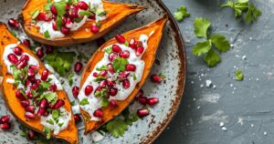 Baked Sweet Potatoes with Yogurt Dressing and Pomegranate Seeds