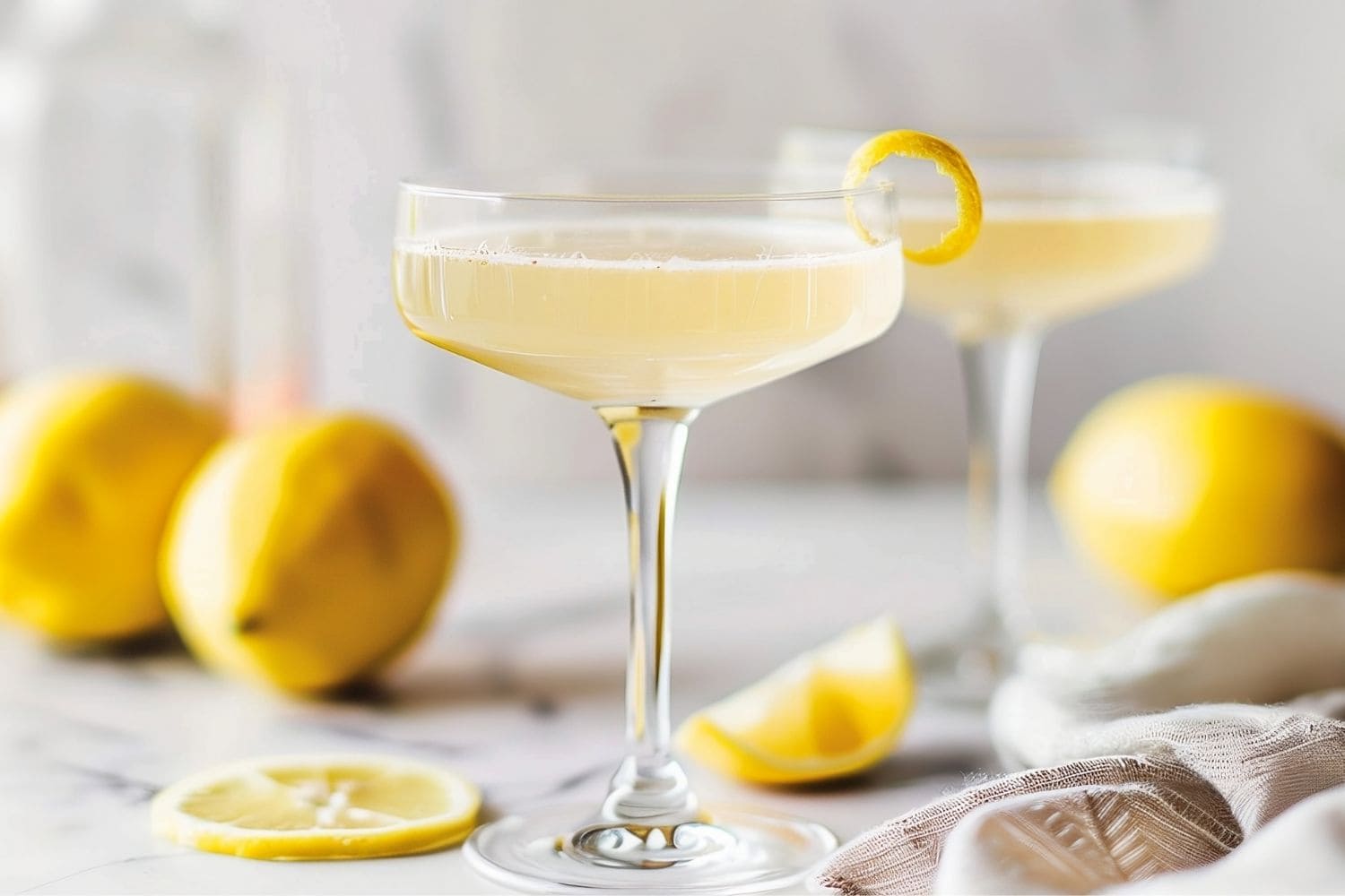 Two Bee's Knees Cocktails with Lemon Peel Twists on a White Marble Table with Fresh Lemons and a Kitchen Towel