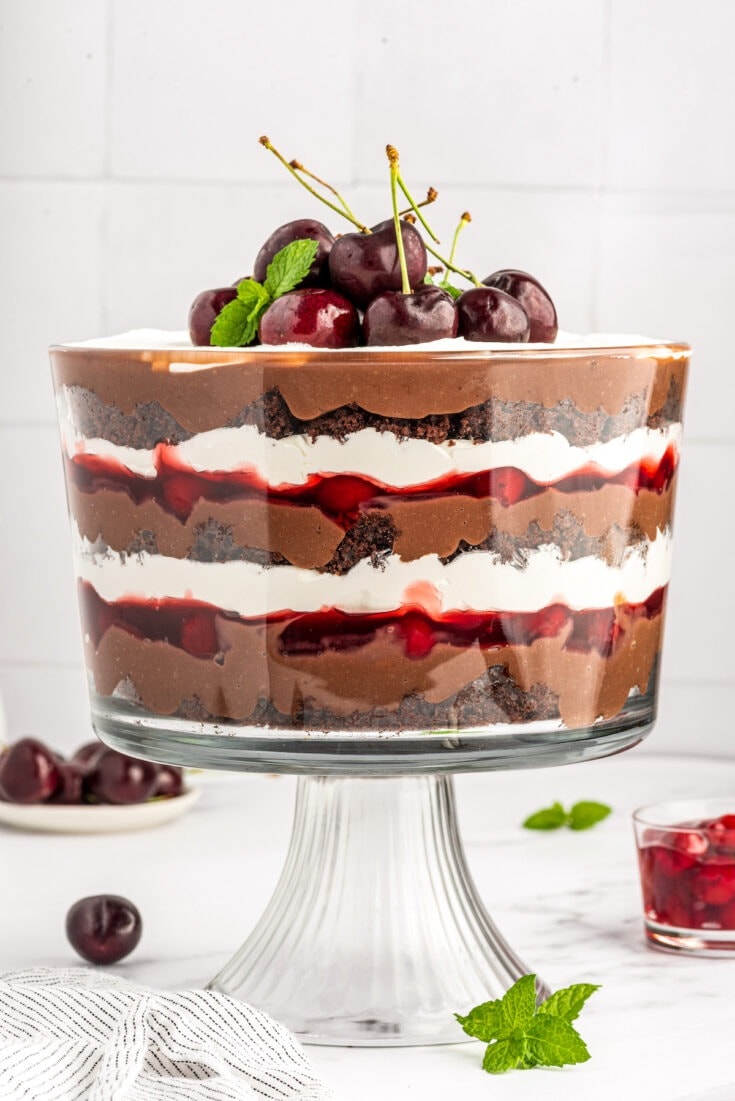 Black forest trifle made with layers of chocolate cake, chocolate pudding, whipped cream, and cherry filling topped with fresh cherries. 