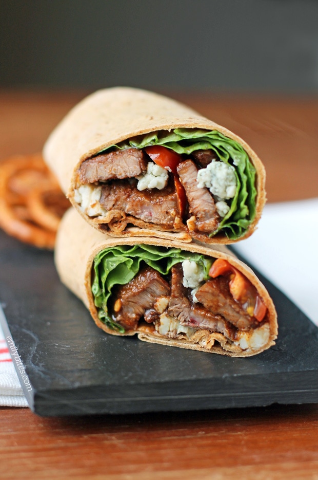 Homemade steak wrap with crunchy vegetables, drizzled with balsamic vinaigrette