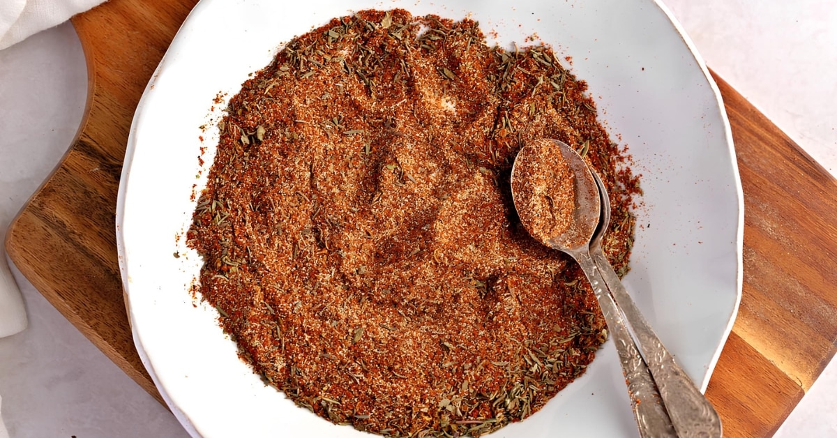 Blackened Seasoning Top View in a Wooden Cutting Board