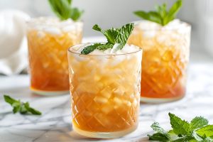 Three Bourbon Smashes in Rocks Glasses with Lots of Crushed Ice and Mint on a White Marble Table