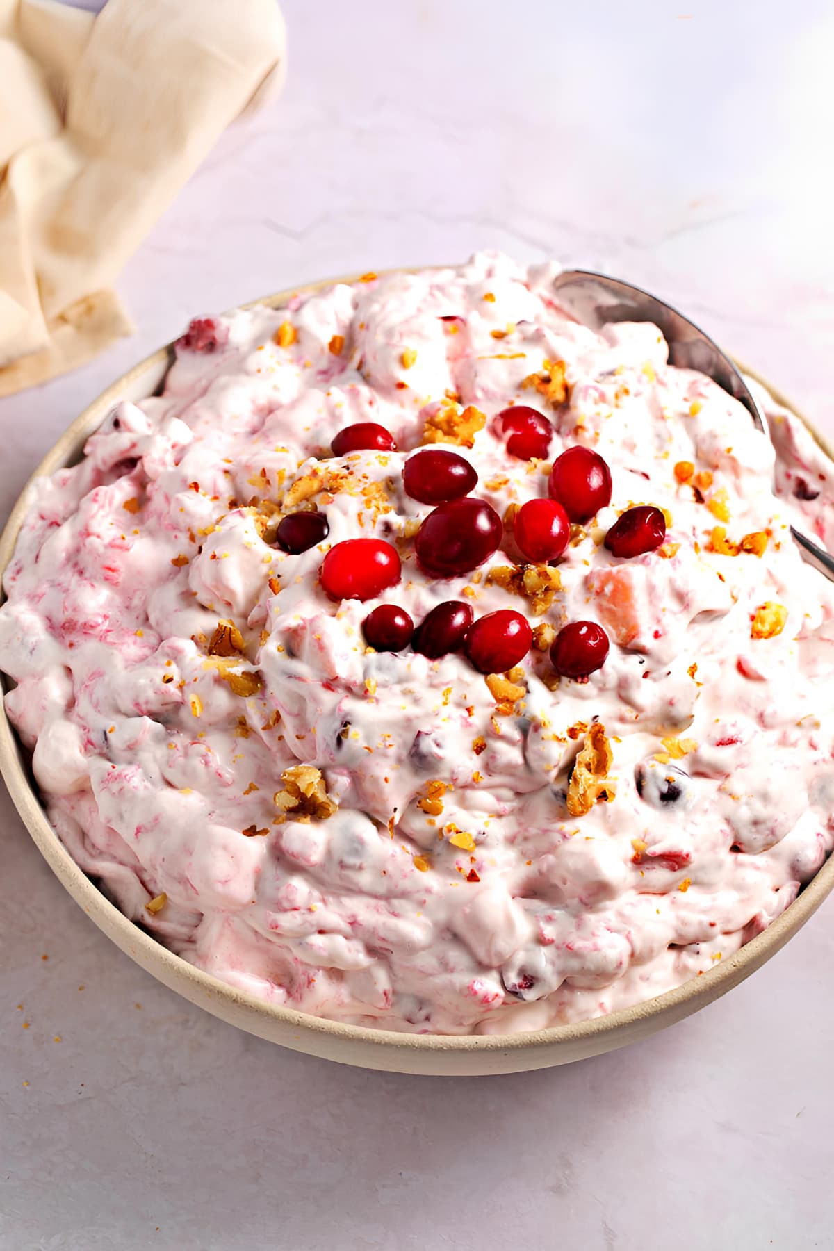 Bowl of creamy salad with fresh cranberries