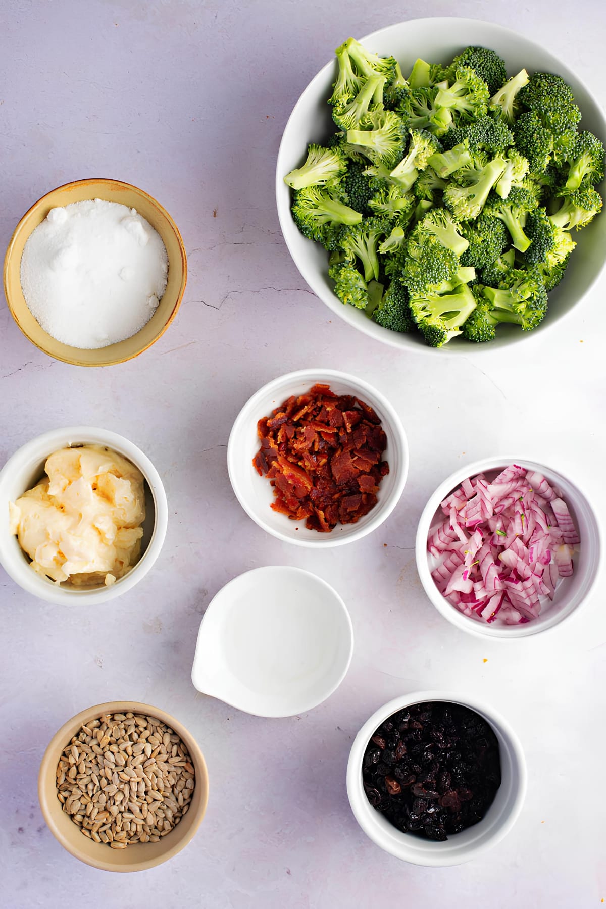 Ingredients for Broccoli Raisin Salad: Bacon, Broccoli, Red Onions, Raisins, Mayonnaise and Sunflower Seeds