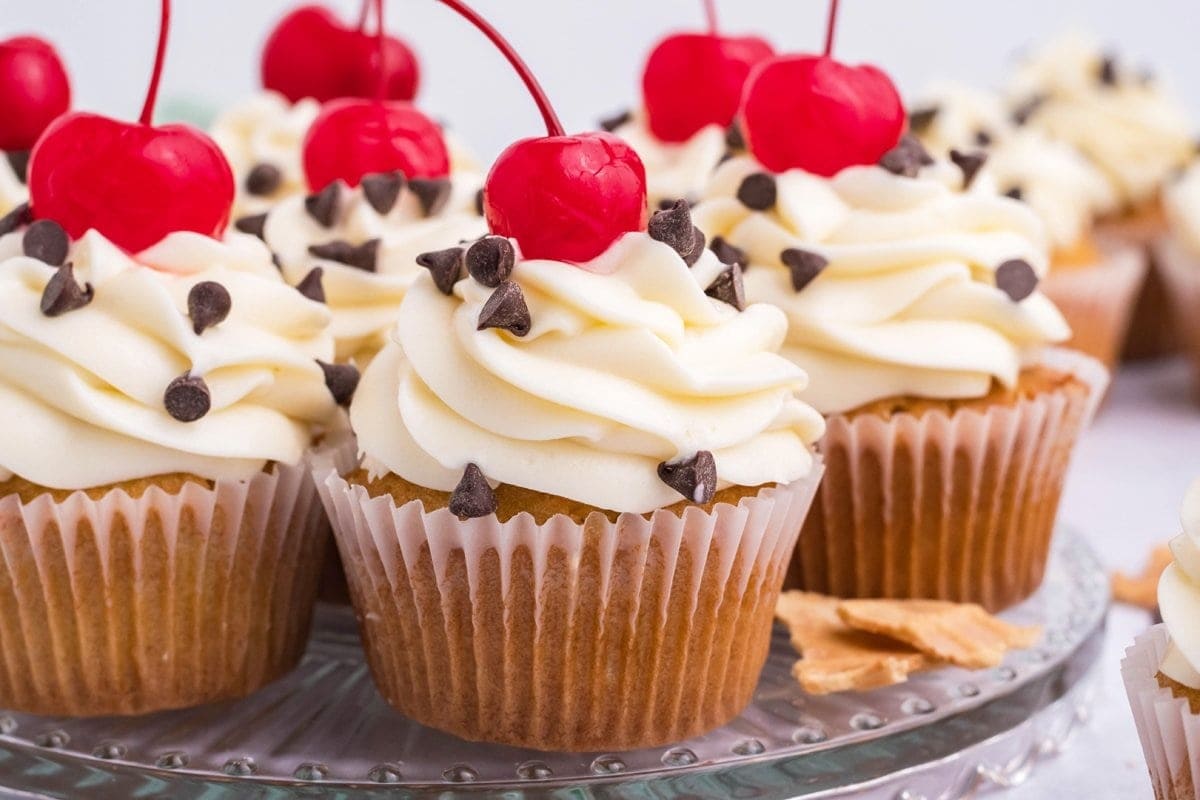 Bunch of canolli cupcakes topped with frosting garnished with cherries and chocolate chips. 