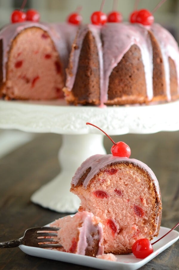 Slice of cherry almond Bundt cake 