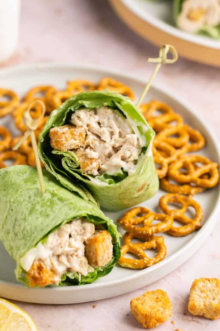 Homemade chicken ceasar wrap with crispy croutons and mayonnaise