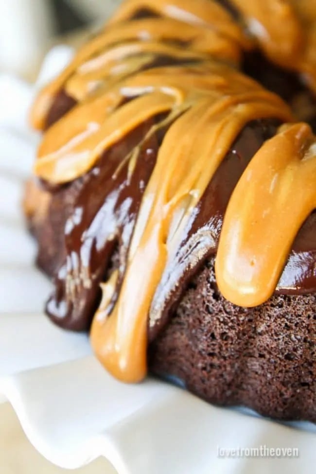 Chocolate Bundt cake with dripping peanut butter glaze