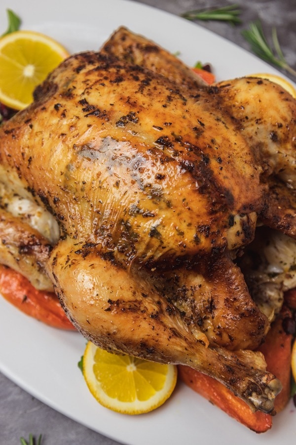 Whole roasted chicken on a bed of carrots, lemon slices and herbs served on a plate.