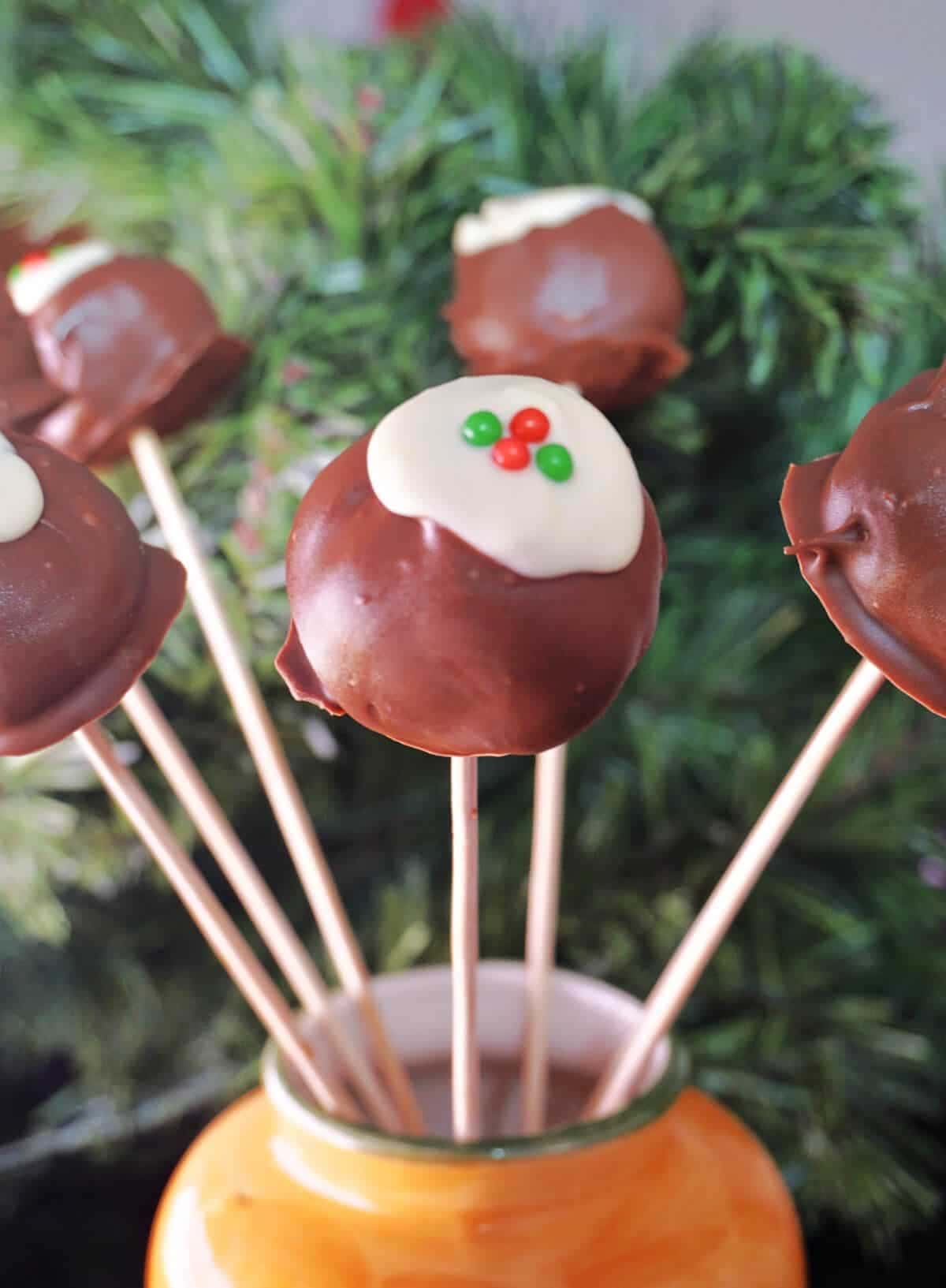 Chocolate cake pops on stick arranged on a jar. 