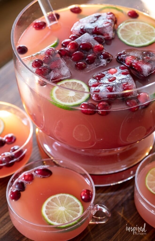 A bowl of cranberry punch with lime slice and cranberries.