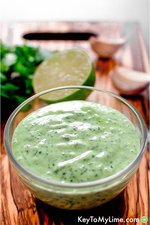 Creamy cilantro lime sauce with avocado, green onion, garlic and sour cream