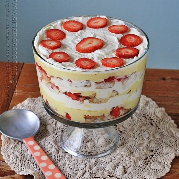 Trifle in bowl with custard, sherry-soaked cake, fruit, jam, and whipped cream.