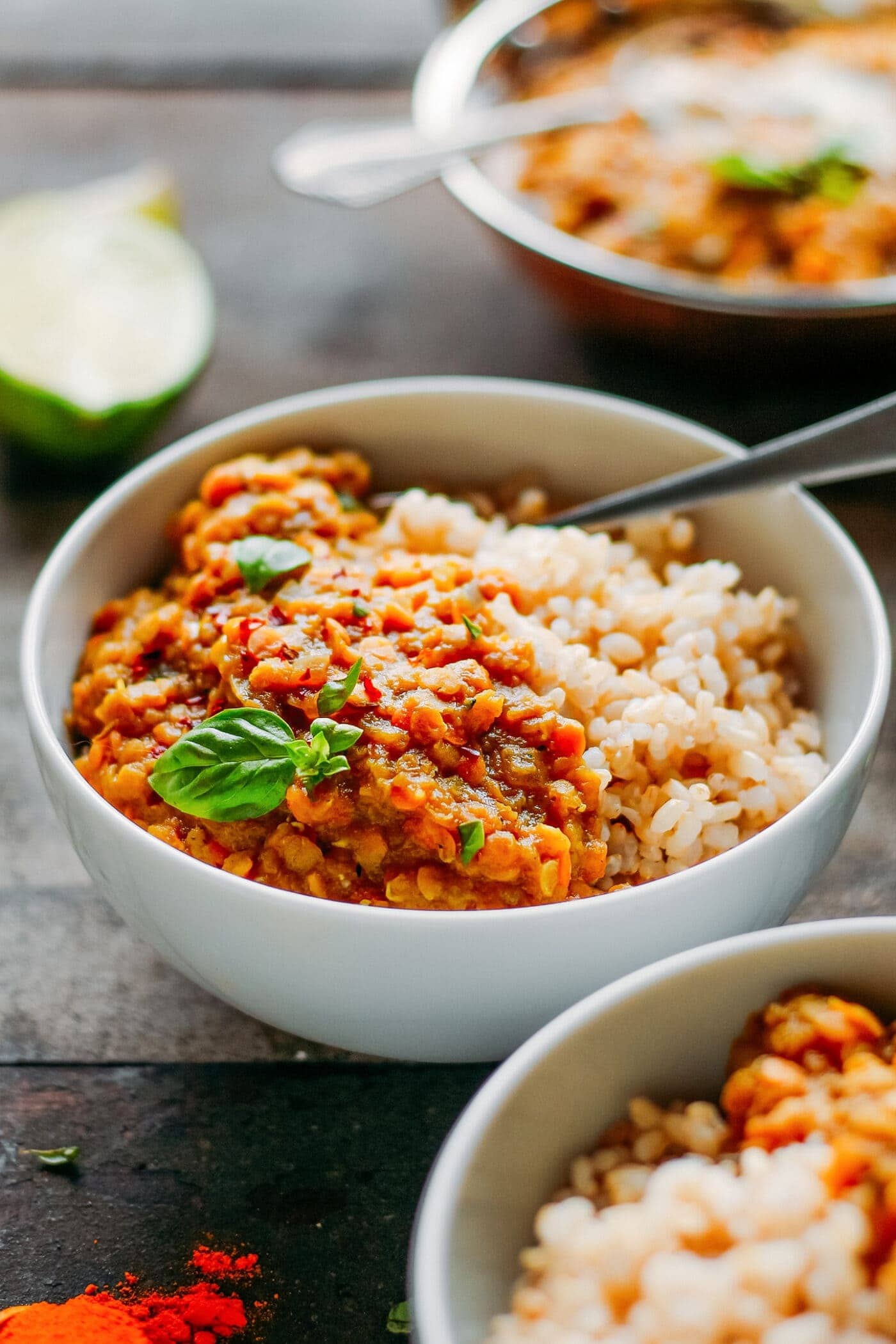 Eggplant dal served with white rice on a bowl. 