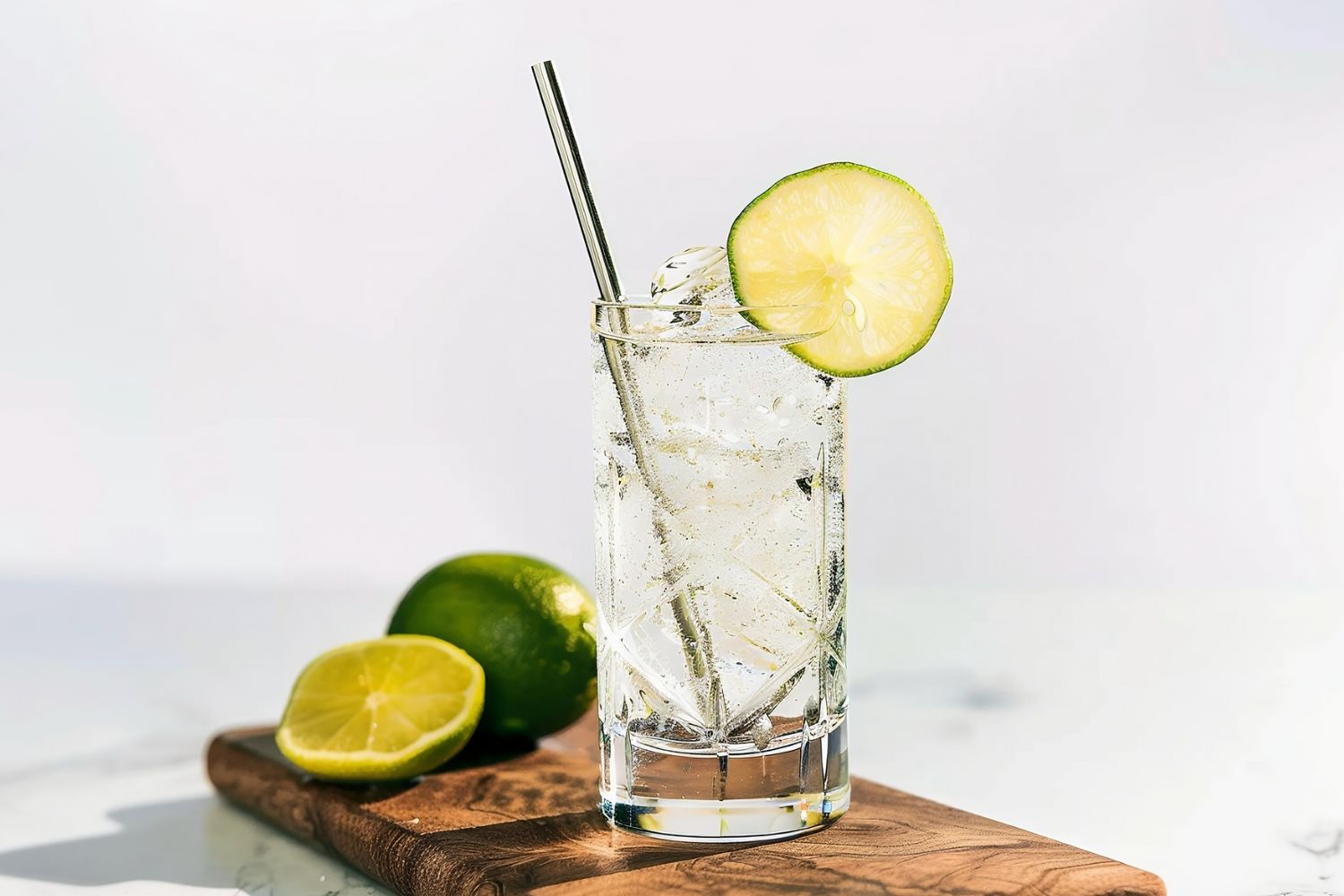 Side View of Cold and Icy Gin and Tonic with a Lime Wheel on a Wooden Cutting Board with Limes on a White Marble Table