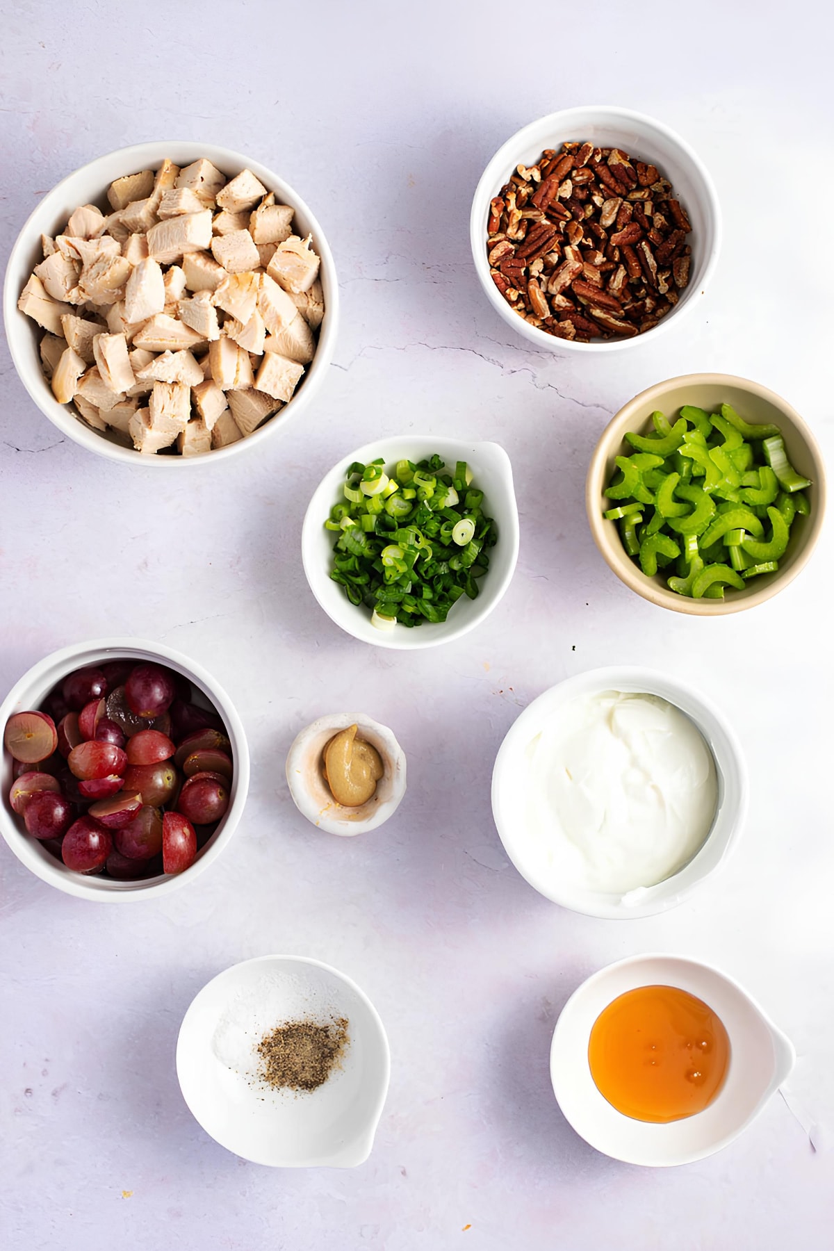 Chicken salad ingredients with chicken breast, seedless grapes, celery stalks, green onions, toasted pecans, Greek yogurt (full-fat), Dijon mustard, garlic powder, honey, salt, and pepper.