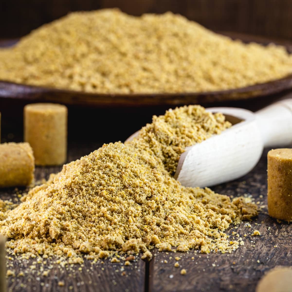 Ground Peanut Butter Powder on a Wooden Table