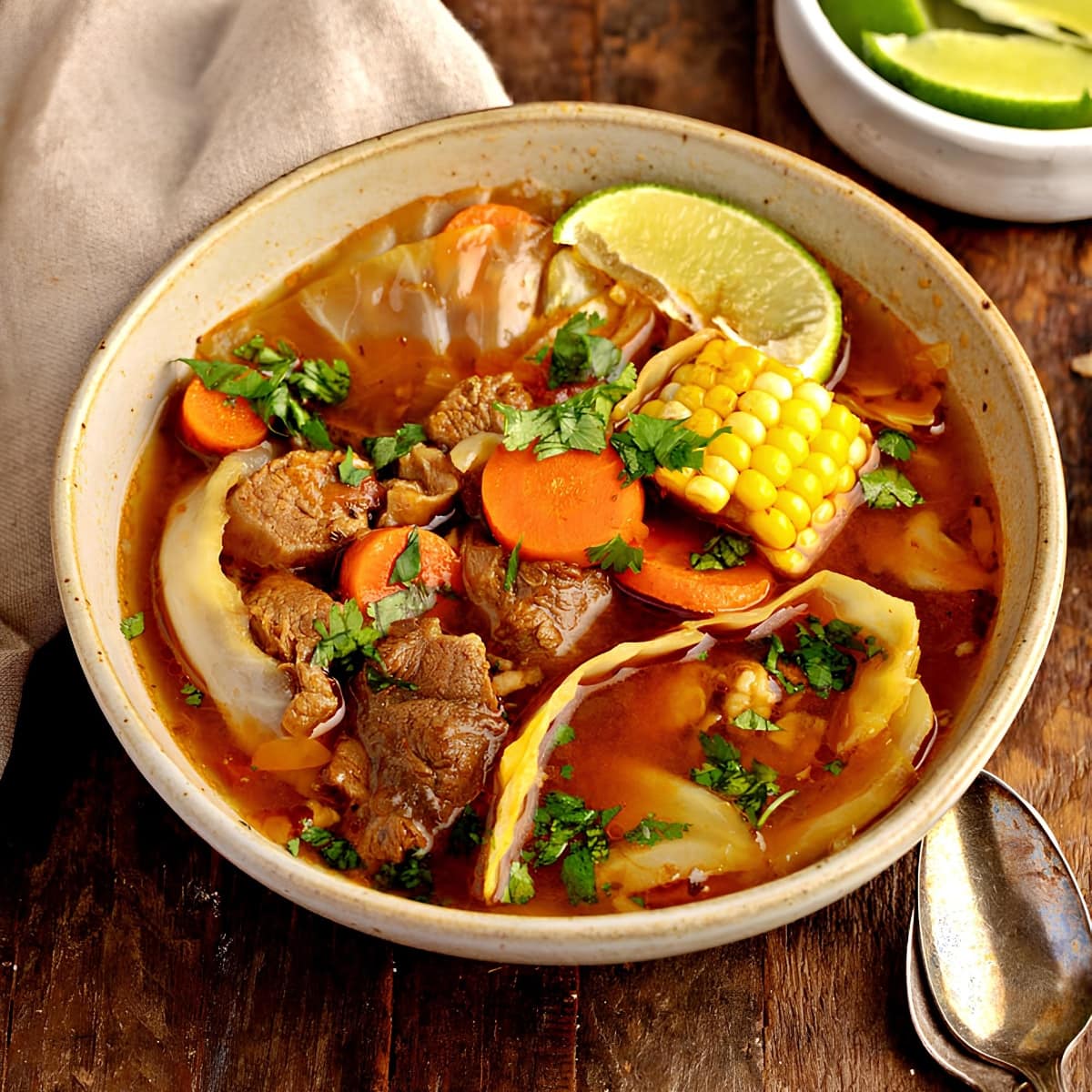 A hearty bowl of soup filled with tender meat, sweet corn, and a medley of colorful vegetables