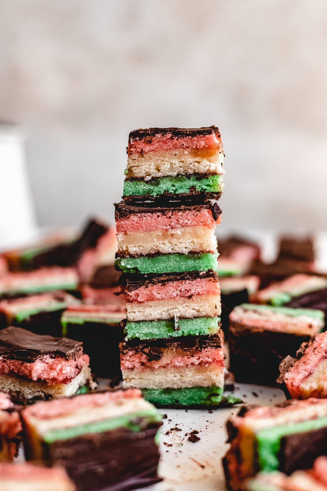 Stack of rainbow cookie bars. 