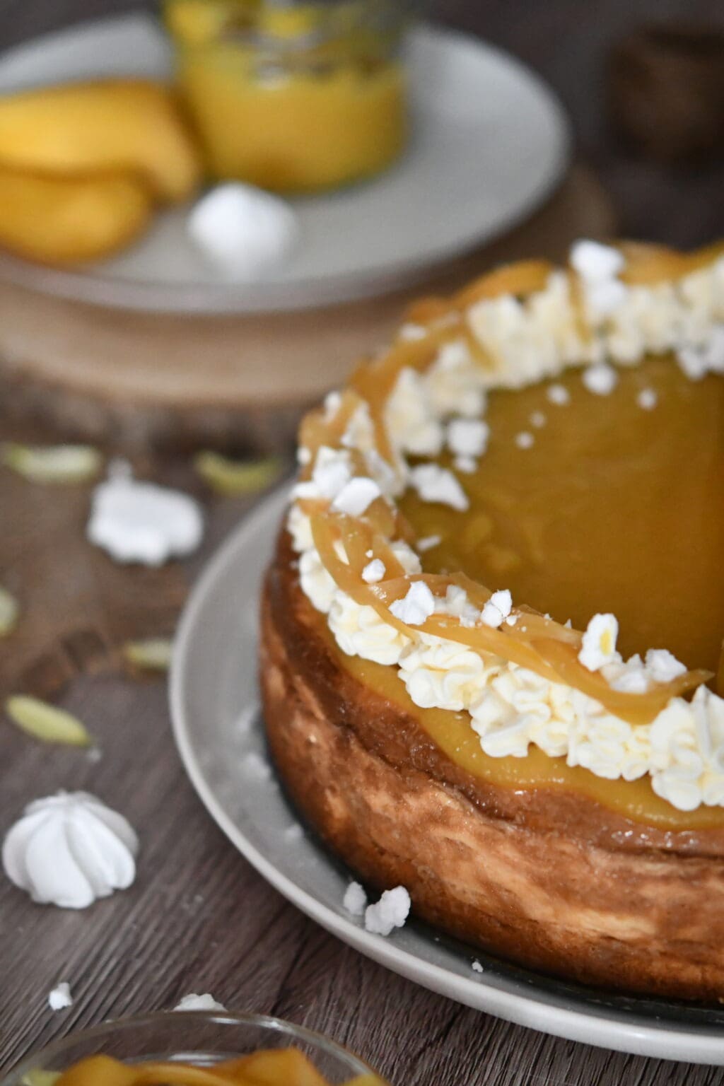 Cheesecake with jackfruit jam and cream toppings.