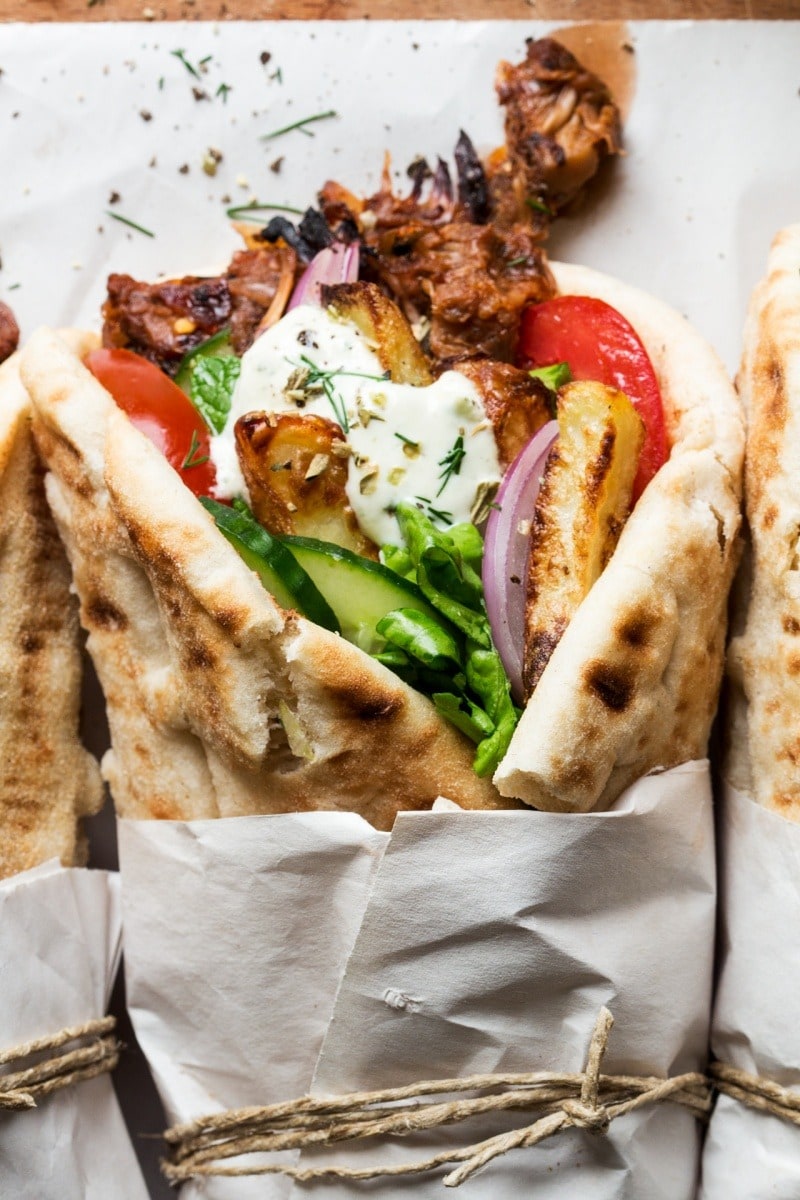 Pita high with peppered jackfruit, crisp red onion, and creamy tzatziki sauce.