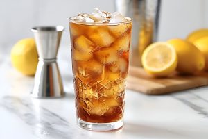 Long Island Iced Tea in a Glass with Ice on a White Marble Table with a Cocktail Jigger to the Side and Cocktail Shaker on a Wooden Cutting Board in the Background with Lemons