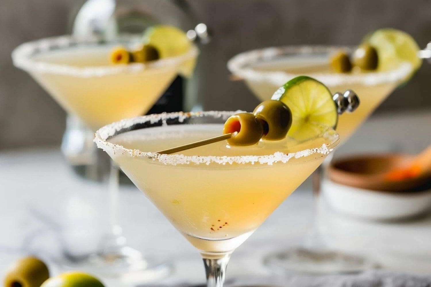 Three Mexican Martinis with Olives and a Lime Wedge