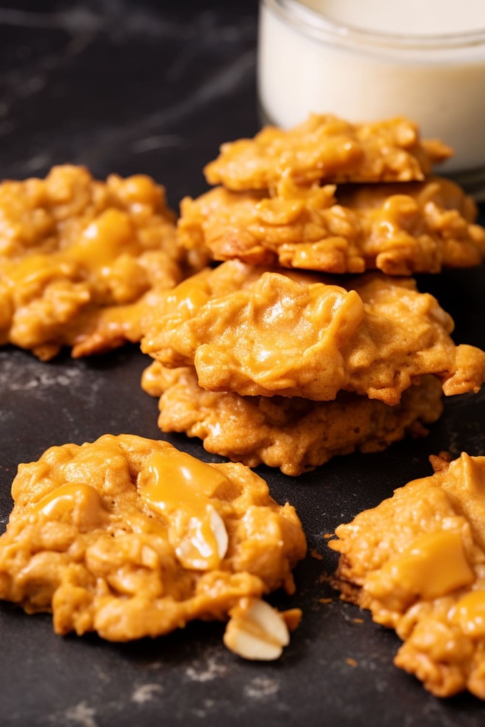 Peanut butter cornflakes cookies stacked on a dark table.