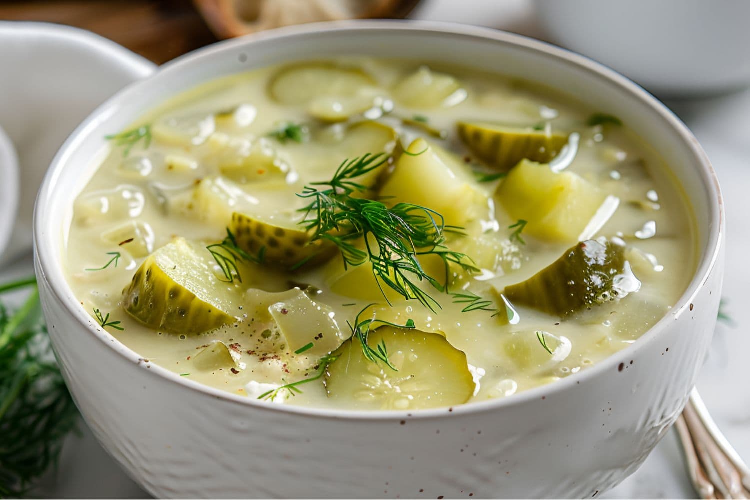 Super Close up of Polish Dill Pickle Soup with Lots of Pickles, Onions, and Fresh Dill