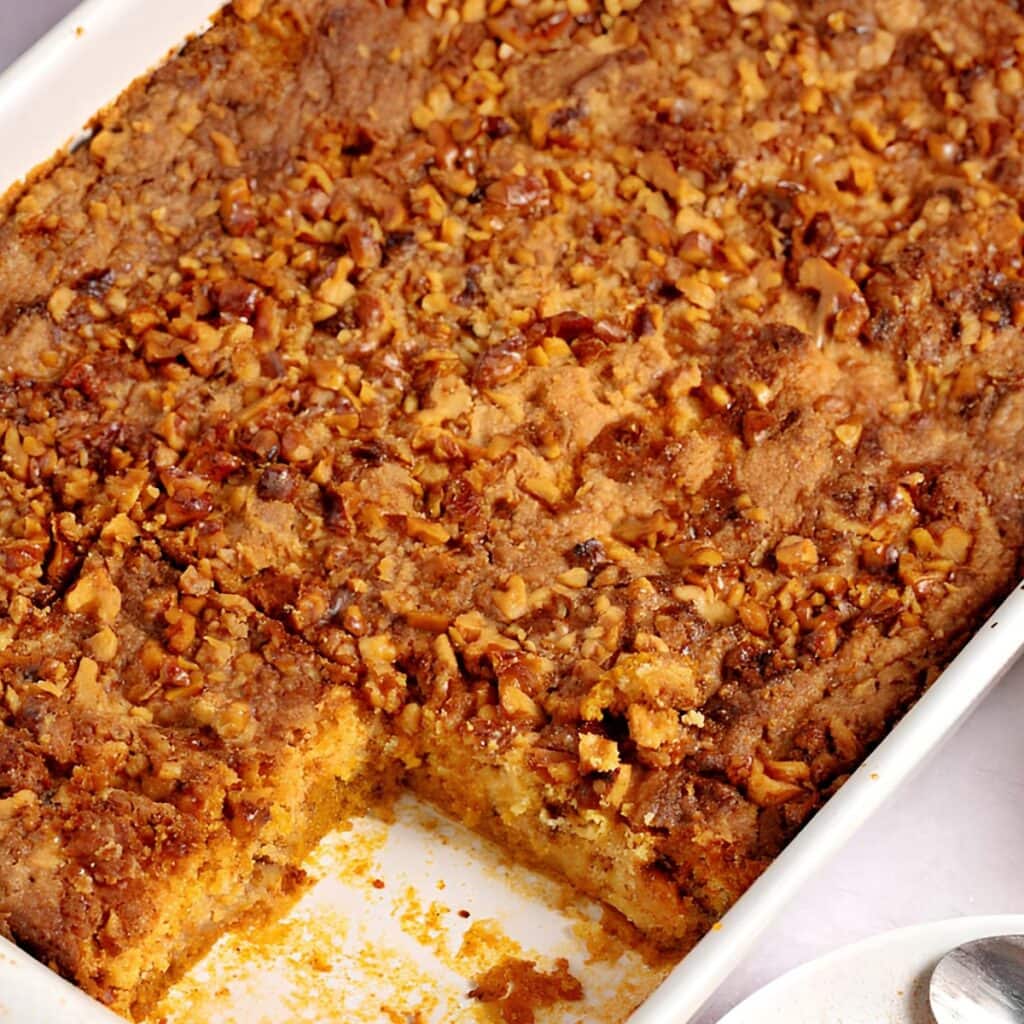 Pumpkin dessert in a casserole dish. 