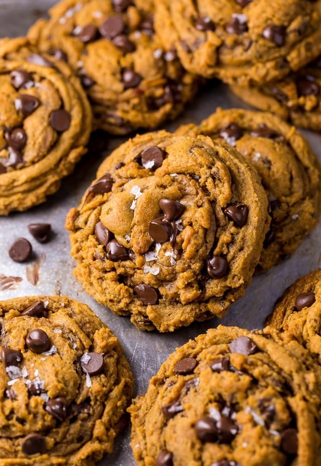 Pumpkin chocolate chip cookies sprinkles with rock salt. 