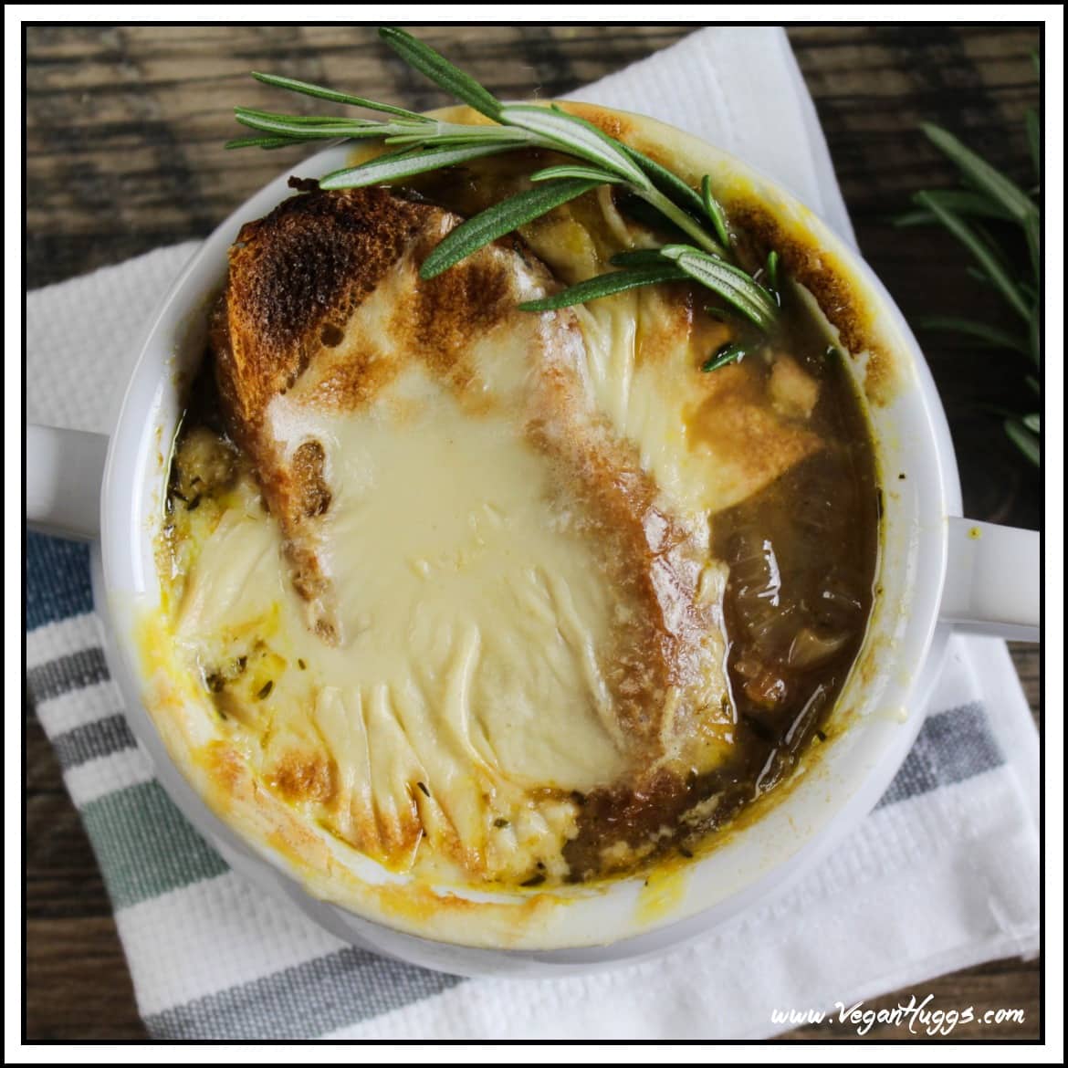 French onion soup in a ceramic bowl.