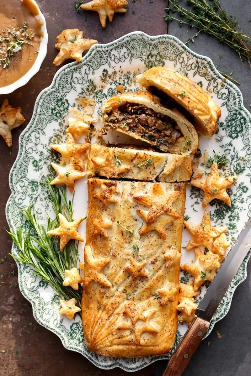 Sliced Wellington with mushroom and almond filling. 